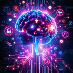 An imaginative and dynamic representation of mind programming, showcasing a human brain interconnected with vivid, glowing circuits and pathways
