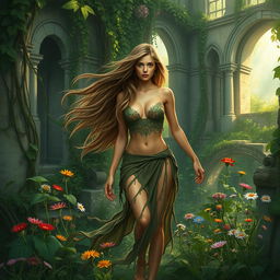 A seductive nymph with long flowing hair, adorned in nature-inspired garments, gracefully wandering through an overgrown abandoned city