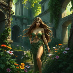 A seductive nymph with long flowing hair, adorned in nature-inspired garments, gracefully wandering through an overgrown abandoned city