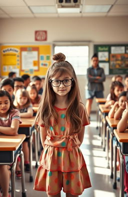 A shy but funny teenage girl with long brown hair and glasses stands reluctantly in the front of a classroom filled with curious classmates