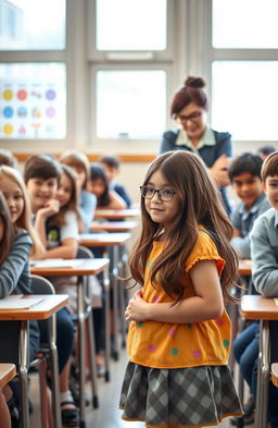 A shy but funny teenage girl with long brown hair and glasses stands reluctantly in the front of a classroom filled with curious classmates
