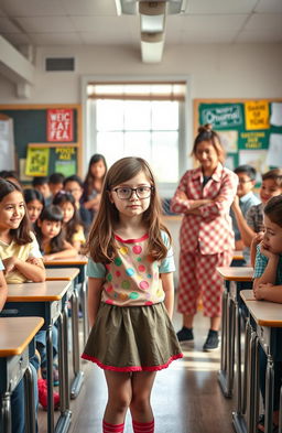 A shy but funny teenage girl with long brown hair and glasses stands reluctantly in the front of a classroom filled with curious classmates