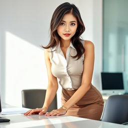 A sexy and beautiful 24-year-old Korean nutritionist, dressed in a stylish work outfit featuring a fitted skirt and a sleeveless shirt, exuding confidence and charm