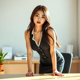 A sexy and beautiful 24-year-old Korean nutritionist, dressed in a stylish work outfit featuring a fitted skirt and a sleeveless shirt, exuding confidence and charm