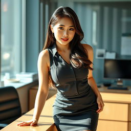 A sexy and beautiful 24-year-old Korean nutritionist, dressed in a stylish work outfit featuring a fitted skirt and a sleeveless shirt, exuding confidence and charm