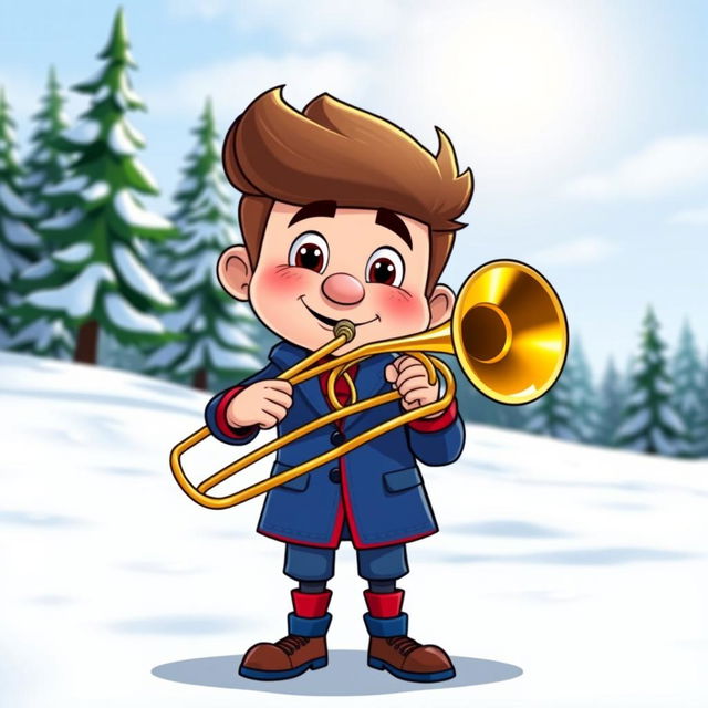 A cartoon character inspired by Stan Marsh, wearing a blue and red outfit, confidently playing a shiny brass trombone