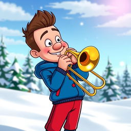 A cartoon character inspired by Stan Marsh, wearing a blue and red outfit, confidently playing a shiny brass trombone