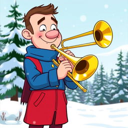 A cartoon character inspired by Stan Marsh, wearing a blue and red outfit, confidently playing a shiny brass trombone