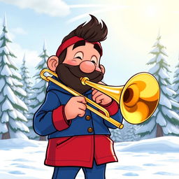 A cartoon character inspired by Stan Marsh, wearing a blue and red outfit, confidently playing a shiny brass trombone