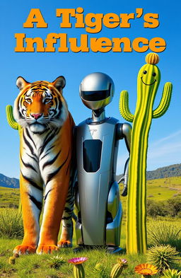 A vibrant scene featuring a majestic tiger and a futuristic Tesla robot standing proudly side by side, with a cheerful, smiling cactus on either side of them
