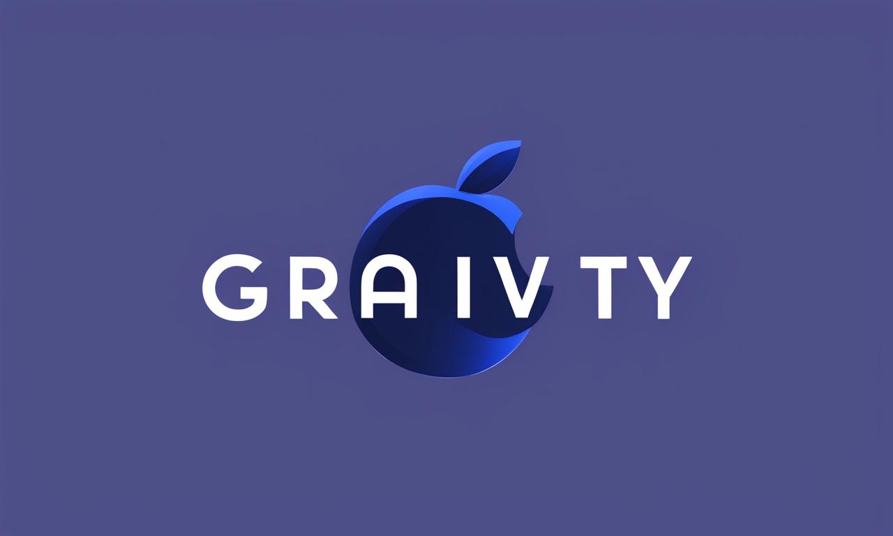 A sleek, modern logo for the tech startup 'Gravity', featuring a flowing sans-serif wordmark in deep space blue and white, accompanied by an abstract icon of a falling apple
