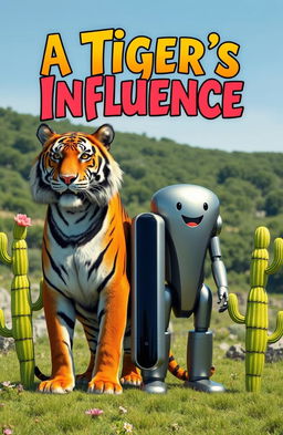 A vibrant scene featuring a majestic tiger and a futuristic Tesla robot standing proudly side by side, with a cheerful, smiling cactus on either side of them