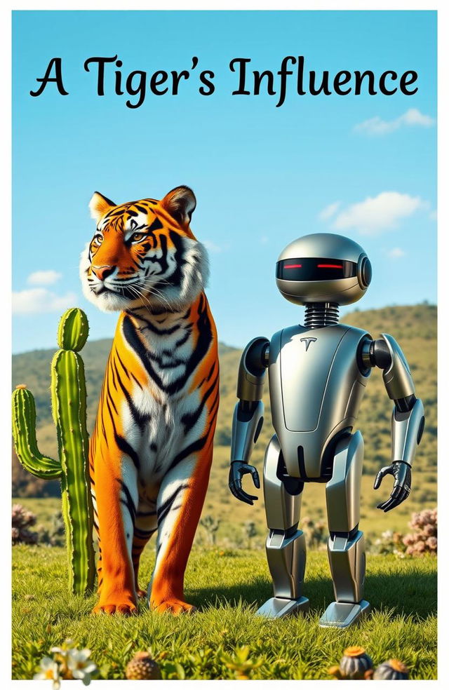 A vibrant scene featuring a majestic tiger and a futuristic Tesla robot standing proudly side by side, with a cheerful, smiling cactus on either side of them