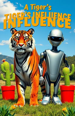 A vibrant scene featuring a majestic tiger and a futuristic Tesla robot standing proudly side by side, with a cheerful, smiling cactus on either side of them