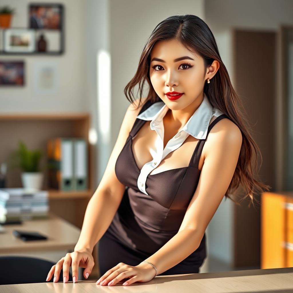 A sexy and beautiful 24-year-old Korean nutritionist, captivating and confident, wearing a sexy work outfit that includes a fitted skirt and a sleeveless shirt