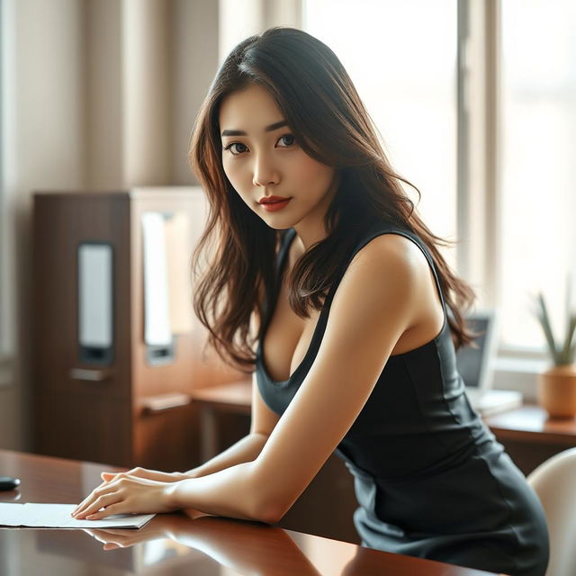 A sexy and beautiful 24-year-old Korean nutritionist, captivating and confident, wearing a sexy work outfit that includes a fitted skirt and a sleeveless shirt