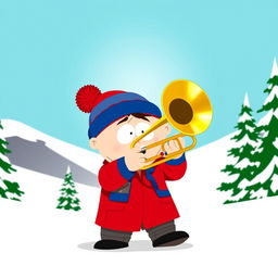 A cartoon character inspired by Stan Marsh from South Park, depicted in his signature blue hat with a red puffball, red jacket, and blue pants, energetically playing a brass trombone