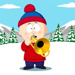 A cartoon character inspired by Stan Marsh from South Park, depicted in his signature blue hat with a red puffball, red jacket, and blue pants, energetically playing a brass trombone