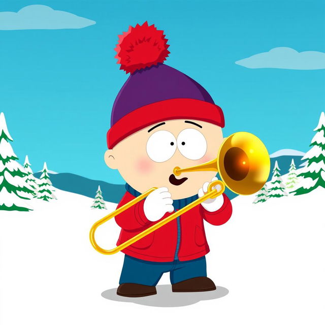 A cartoon character inspired by Stan Marsh from South Park, depicted in his signature blue hat with a red puffball, red jacket, and blue pants, energetically playing a brass trombone