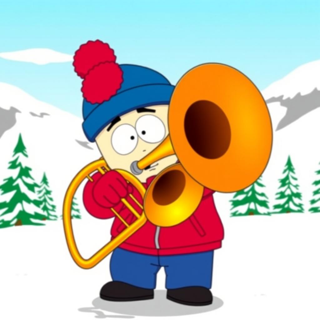 A cartoon character inspired by Stan Marsh from South Park, depicted in his signature blue hat with a red puffball, red jacket, and blue pants, energetically playing a brass trombone