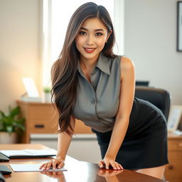 A sexy and beautiful 24-year-old Korean nutritionist, elegantly dressed in a sexy work outfit featuring a tailored skirt and a sleeveless shirt
