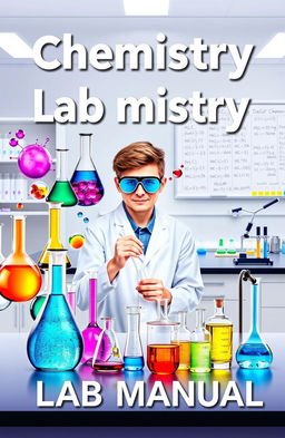 A vibrant and engaging cover design for a chemistry lab manual book, showcasing an array of laboratory apparatus such as beakers, flasks, pipettes, and test tubes