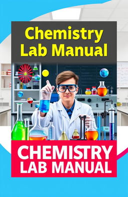 A vibrant and engaging cover design for a chemistry lab manual book, showcasing an array of laboratory apparatus such as beakers, flasks, pipettes, and test tubes