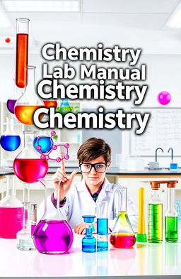 A vibrant and engaging cover design for a chemistry lab manual book, showcasing an array of laboratory apparatus such as beakers, flasks, pipettes, and test tubes
