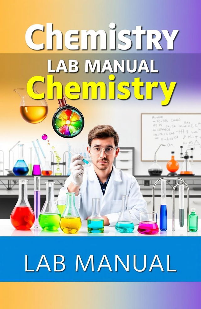 A vibrant and engaging cover design for a chemistry lab manual book, showcasing an array of laboratory apparatus such as beakers, flasks, pipettes, and test tubes