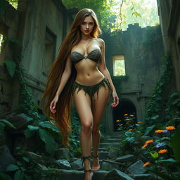 A seductive nymph with long flowing hair and prominent, curvy thighs, gracefully exploring an overgrown abandoned city