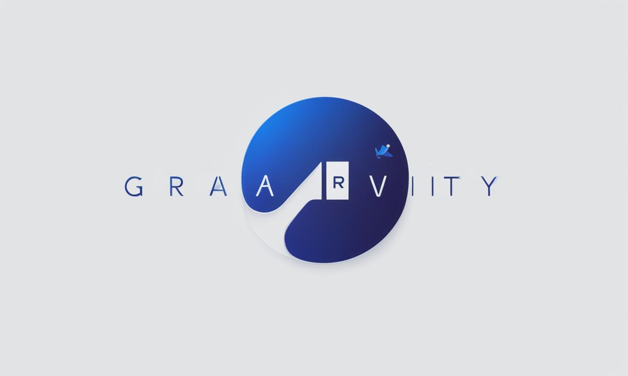 A sleek, modern logo for the tech startup 'Gravity', featuring a flowing sans-serif wordmark in deep space blue and white, accompanied by an abstract icon of a falling apple