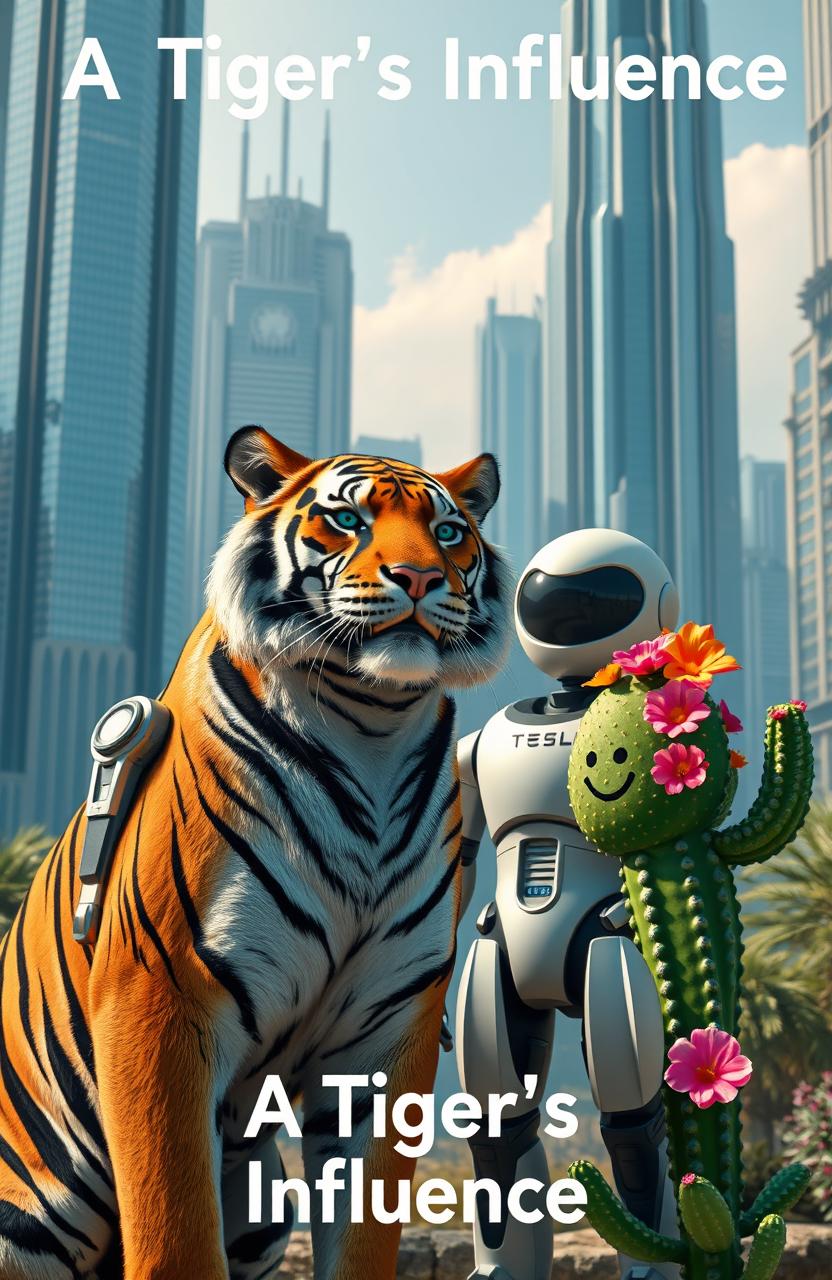 A futuristic city with towering skyscrapers and advanced technology, featuring a majestic tiger with a confident posture at the forefront