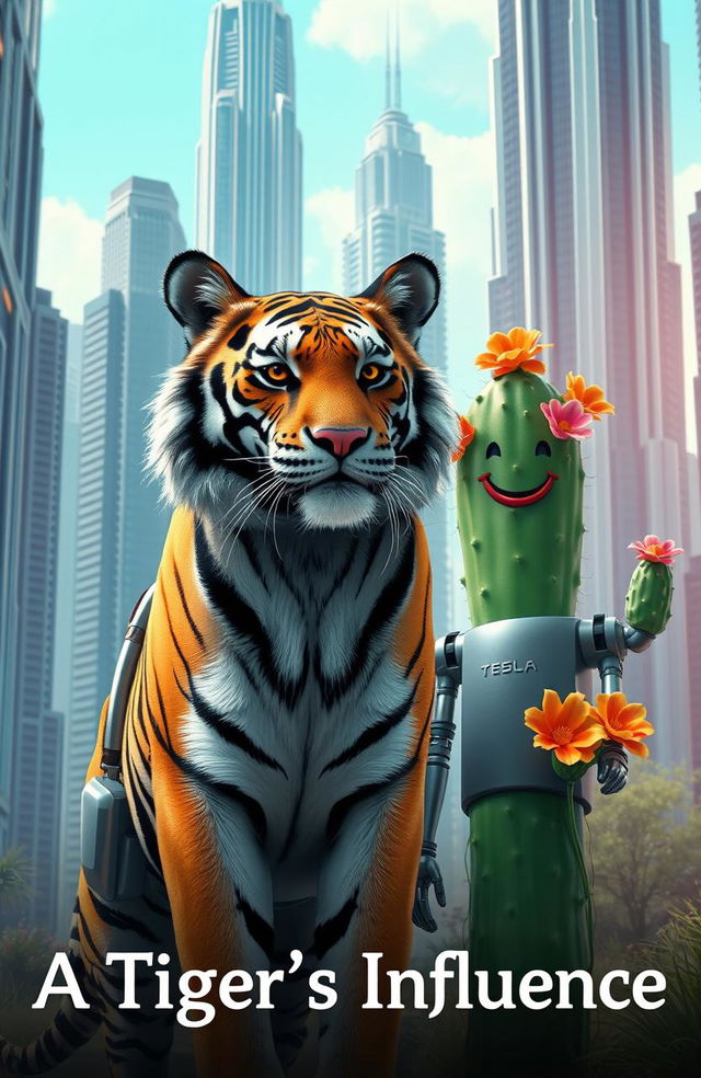 A futuristic city with towering skyscrapers and advanced technology, featuring a majestic tiger with a confident posture at the forefront