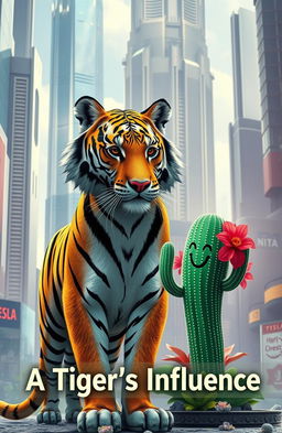 A futuristic city with towering skyscrapers and advanced technology, featuring a majestic tiger with a confident posture at the forefront