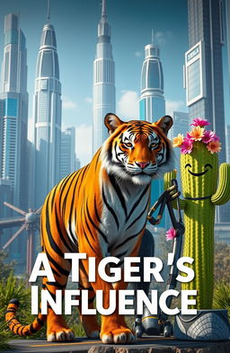 A futuristic city with towering skyscrapers and advanced technology, featuring a majestic tiger with a confident posture at the forefront
