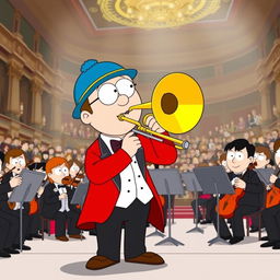 A cartoon character inspired by Stan Marsh from South Park, depicted as a member of an orchestra, enthusiastically playing a brass trombone