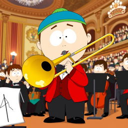 A cartoon character inspired by Stan Marsh from South Park, depicted as a member of an orchestra, enthusiastically playing a brass trombone