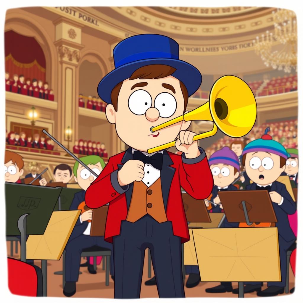 A cartoon character inspired by Stan Marsh from South Park, depicted as a member of an orchestra, enthusiastically playing a brass trombone
