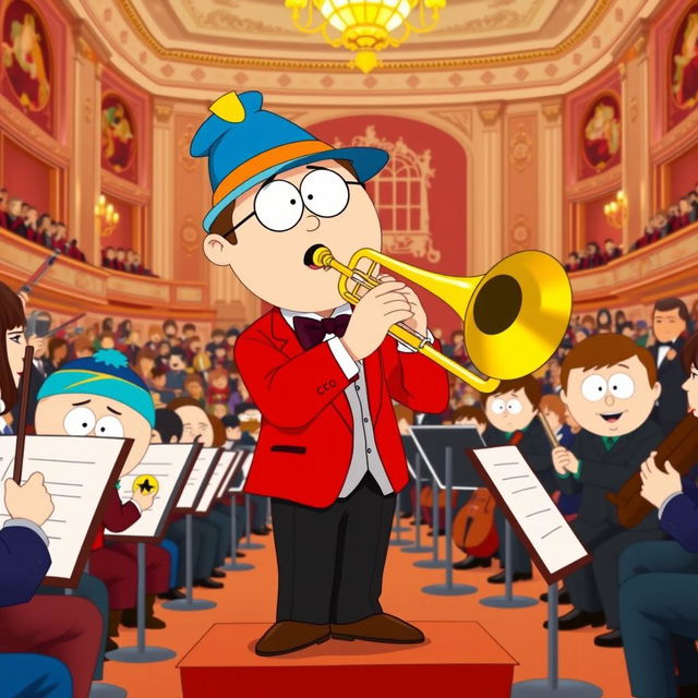 A cartoon character inspired by Stan Marsh from South Park, depicted as a member of an orchestra, enthusiastically playing a brass trombone