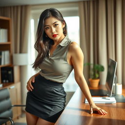 A sexy and beautiful 24-year-old Korean nutritionist, confidently wearing a chic work outfit that includes a fitted skirt and a sleeveless shirt