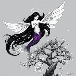 A fantastical black and white illustration of a striking mermaid with long flowing black hair adorned with shimmering purple sparkles