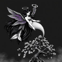 A fantastical black and white illustration of a striking mermaid with long flowing black hair adorned with shimmering purple sparkles