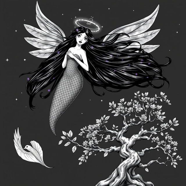 A fantastical black and white illustration of a striking mermaid with long flowing black hair adorned with shimmering purple sparkles