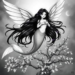 A fantastical black and white illustration of a striking mermaid with long flowing black hair adorned with shimmering purple sparkles