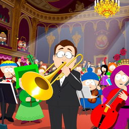 A vibrant and colorful scene featuring a group of animated characters inspired by South Park, all playing different orchestral instruments, including a prominent brass trombone player