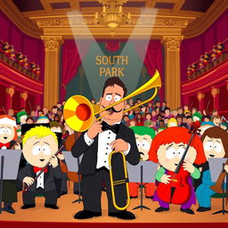 A vibrant and colorful scene featuring a group of animated characters inspired by South Park, all playing different orchestral instruments, including a prominent brass trombone player