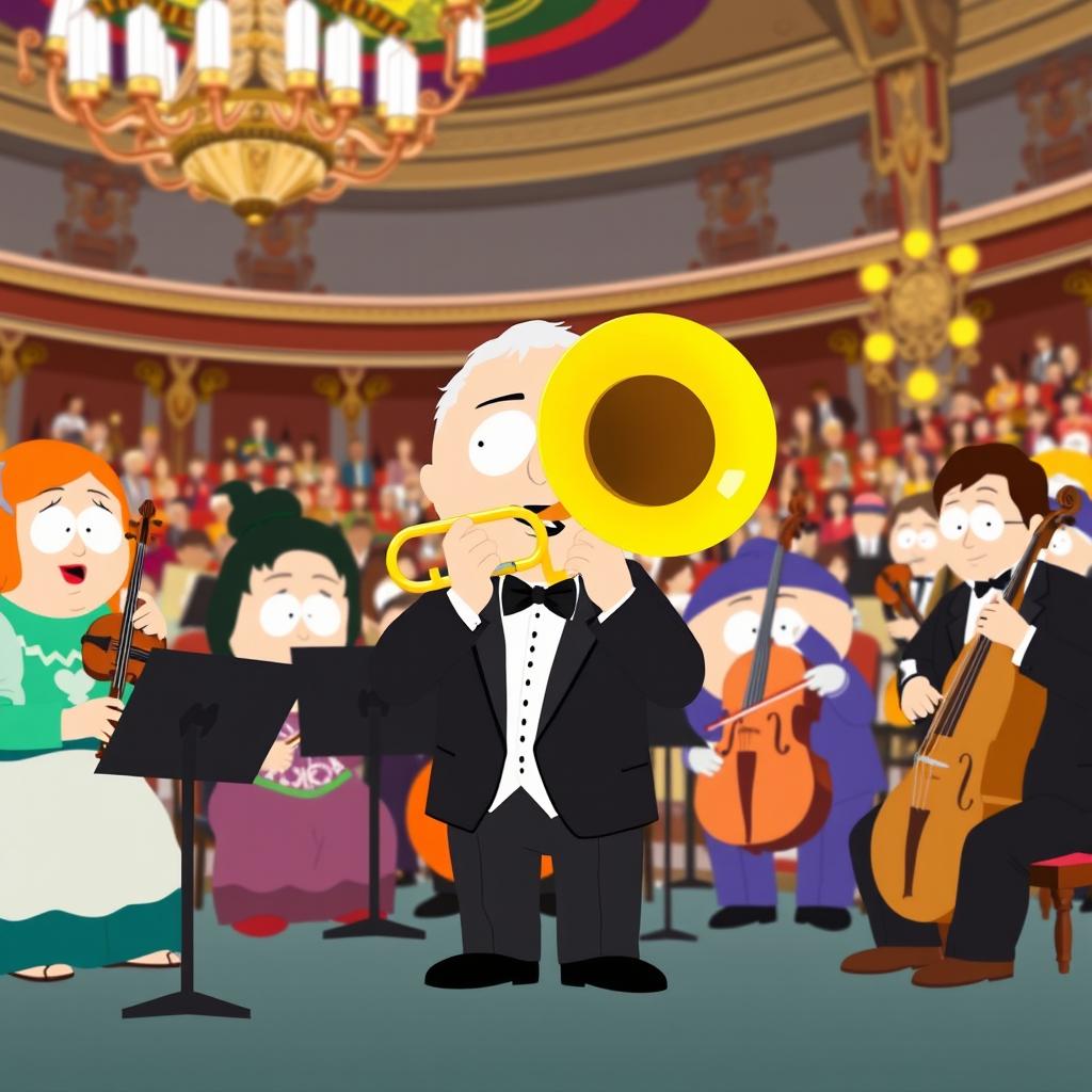 A vibrant and colorful scene featuring a group of animated characters inspired by South Park, all playing different orchestral instruments, including a prominent brass trombone player