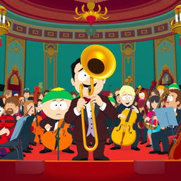 A vibrant and colorful scene featuring a group of animated characters inspired by South Park, all playing different orchestral instruments, including a prominent brass trombone player