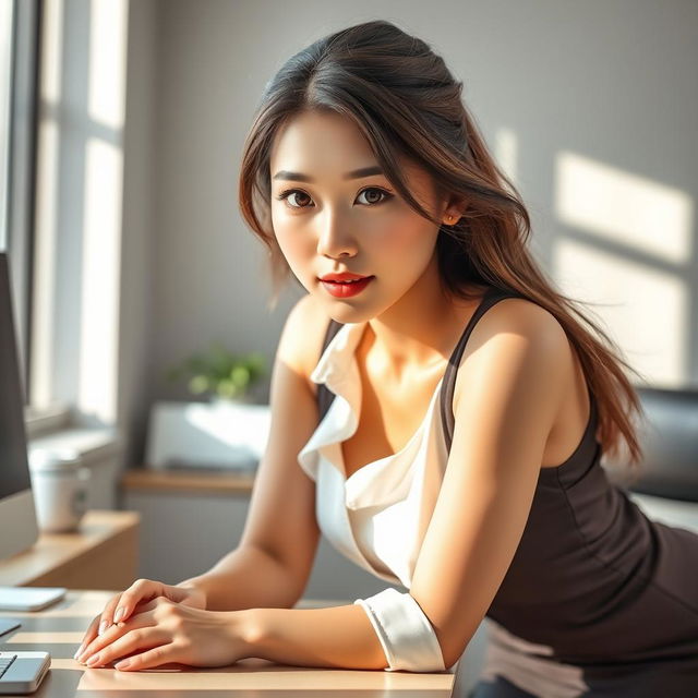 A sexy and beautiful 24-year-old Korean nutritionist, radiating confidence in a stylish work outfit that includes a fitted skirt and a sleeveless shirt