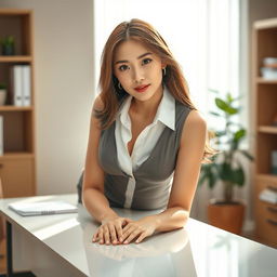 A sexy and beautiful 24-year-old Korean nutritionist, radiating confidence in a stylish work outfit that includes a fitted skirt and a sleeveless shirt